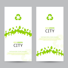Set of elegant eco banners. Two templates with green leafs and with silhouette of city landscape. Vector illustration on ecology theme.