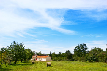 Obraz premium Landscape of the South of France, Toulouse region. Small house among the trees in a field of cut grass.