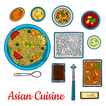Asian cuisine sketch with seafood and rice dishes