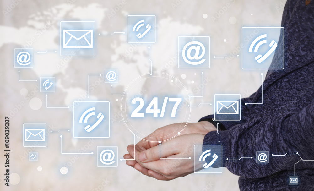 Poster businessman push web button 24 hours service network mail