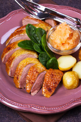 Spiced slow roast duck, apple sauce, spinach and potato, served on pink plate