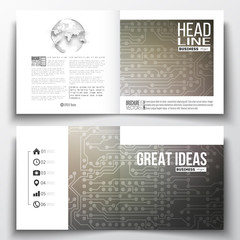 Vector set of square design brochure template. Microchip background, electrical circuits, science vector template
