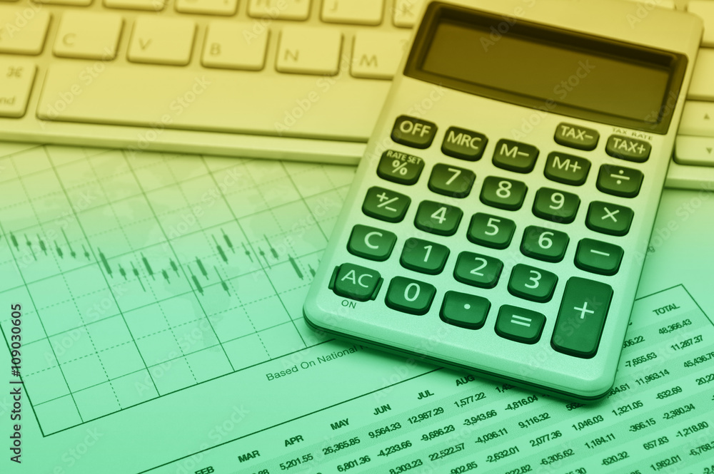 Poster calculator button plus on keyboard and graph paper, accounting b