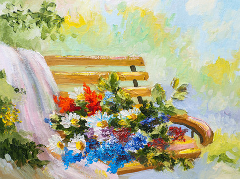 Oil Painting, bouquet of flowers on the bench
