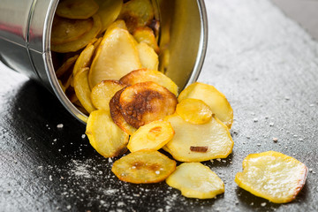 Homemade Potato Chips with Sea Salt in Metal Bucket