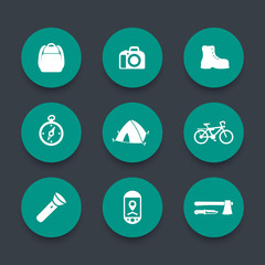 Hiking, camping icons, vector illustration