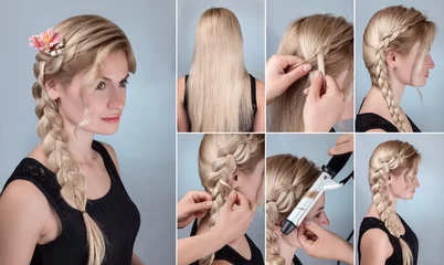 Rolgordijnen hairstyle braid with natural flowers tutorial © alter_photo