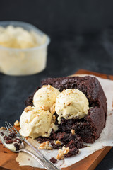 Healthy Vegan Chocolate Loaf (Cake) with Vanilla Ice-Cream Scoops, Walnut Pieces and Mint on Dark Grey Background