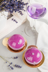 Lavender french mousse cakes with pink mirror glaze