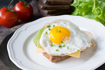 Sunny side up egg, avocado and cheese on whole grain toast for healthy breakfast