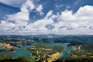 Amazing, beautiful panorama of Tuyen Lam lake of Dalat city, fresh air, group of villa among forest, impression shape of hill and mountain, lake alternate jungle make wonderful countryside for travel.