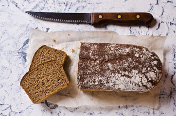 Cut loaf of rye bread