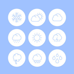 Weather line icons, sunny, cloudy day, rain, snowflake, hail, wind, sun, snow round isolated icons, vector illustration