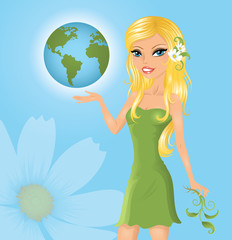 Eco-friendly woman holding the Earth.
