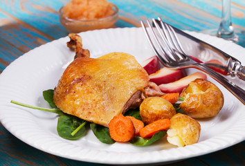 Duck on spinach, potato, apple sauсe and carrot