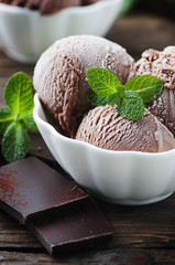 Sweet chocolate ice cream with green mint
