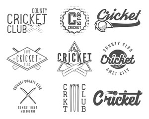 Fototapeta premium Set of cricket team emblem and design elements. Cricket championship logo designs. Cricket club badges. Sports symbols with cricket gear, equipment. Use for web or tee design or print them