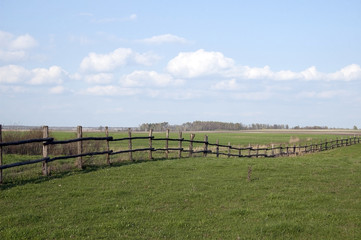 Fototapeta na wymiar Green meadow enclosed by a wooden fence