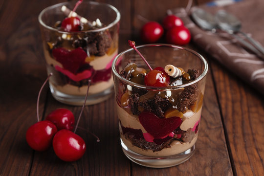 Chocolate and cherry dessert in glass