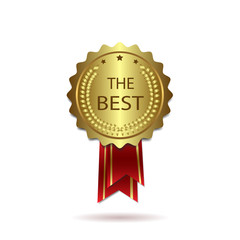 Golden award The Best, realistic badge with red ribbon. Golden label. Vector illustration, eps 10