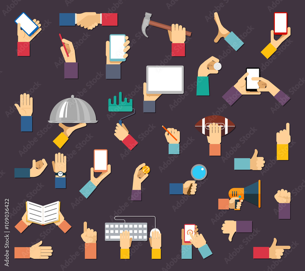 Poster hands with objects. vector hands hold devices and tools