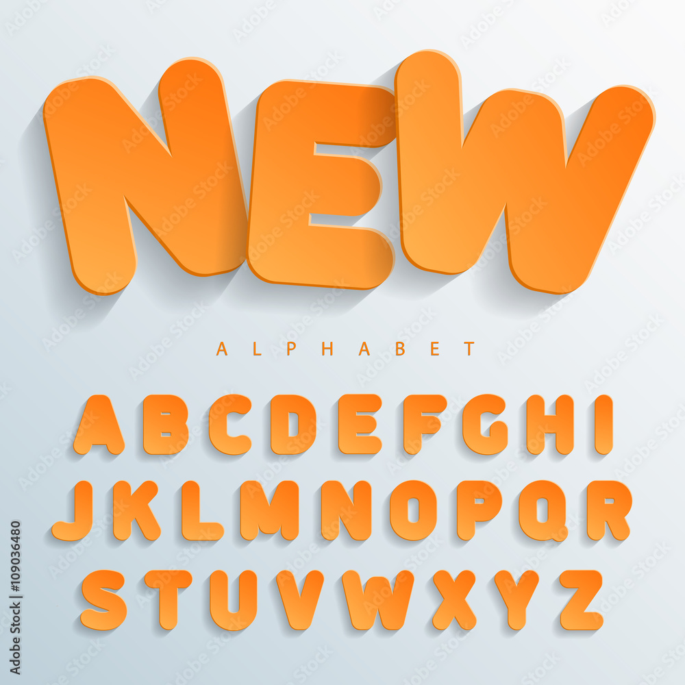 Fototapete Orange flat font without angles with a falling shadow on the left side. Easy and simple approach to design of banners, posters and colorful cards. Vector Illuctration