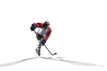 Professional hockey player skating on ice Isolated on white