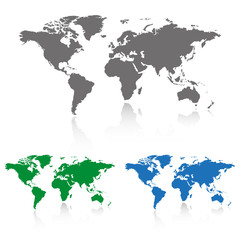 Gray, green and blue world map with shadow. Set of the world map