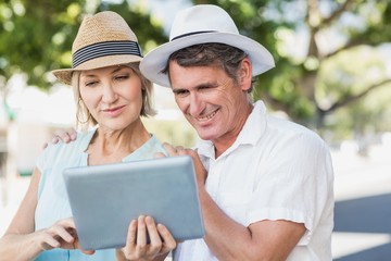 Happy couple using digital computer