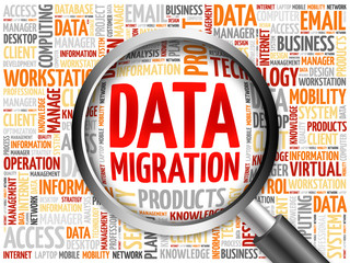 Data Migration word cloud with magnifying glass, business concept
