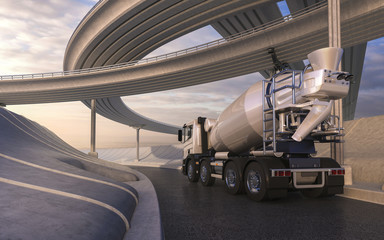 Cement mixer trucks on highway - obrazy, fototapety, plakaty