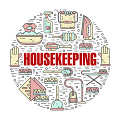 Vector modern line style color illustration of housekeeping. Vacuum cleaner, washing machine, gloves, brush, brush, bucket, broom, iron, wiper, sponges. Round shape icons concept.