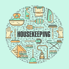 Obraz premium Vector modern line style color illustration of housekeeping. Vacuum cleaner, washing machine, gloves, brush, brush, bucket, broom, iron, wiper, sponges. Round shape icons concept.