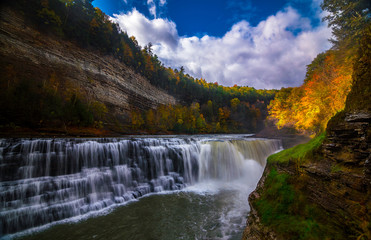 Lower Falls in Letchworth state park, NY in the fall autumn