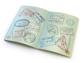 Opened passport with visa stamps on the  pages isolated on white