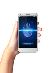 Hand holding Smartphone with Fingerprint scanners on display.