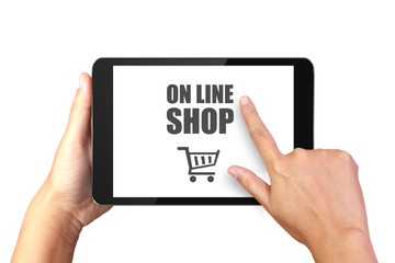 Hand holding digital tablet with online shopping on display, Online shopping concept