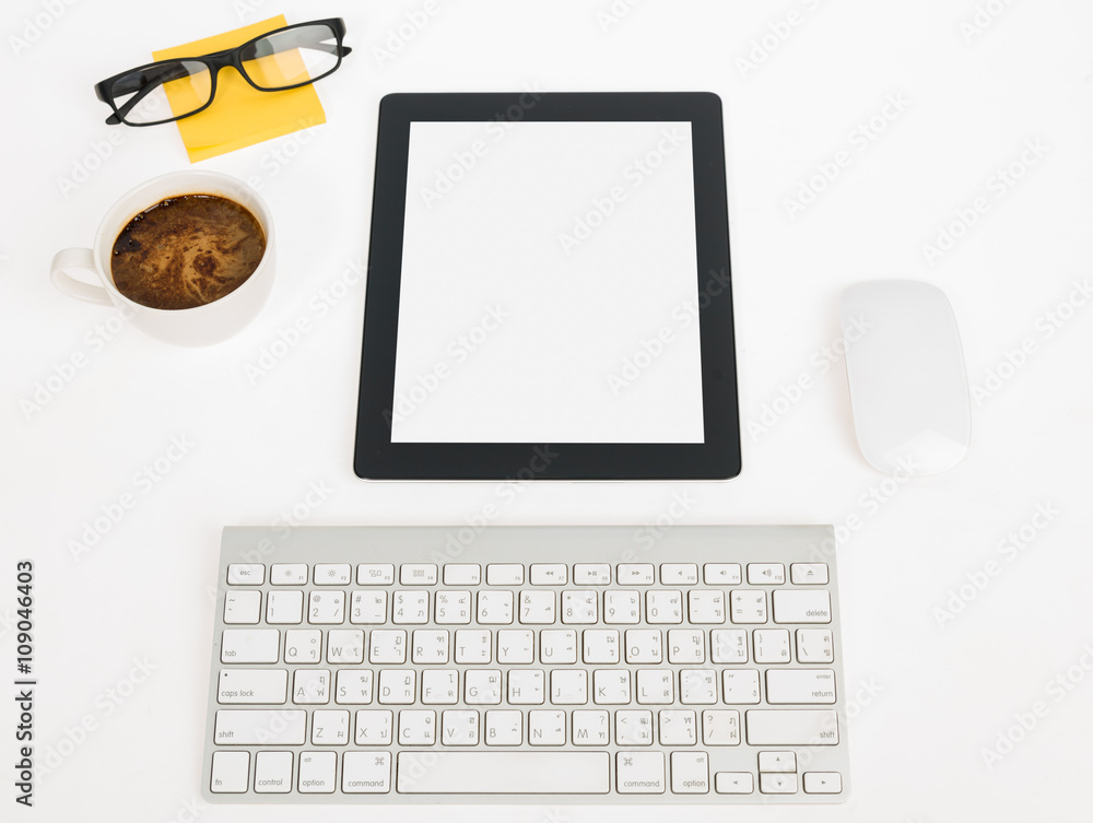 Poster digital tablet touch pad computer with keyboard, mouse and coffe