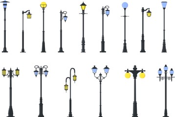 Set of different types of street lamps isolated on white background in flat style. Vector illustration. Detailed illustration colored street lamps isolated in flat style on white background.