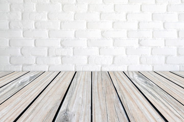 Perspective wood over white brick wall background