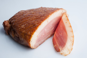 Smoked sliced duck breast on white background