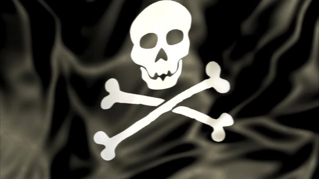 3D Pirate Flag waving, white skull and bones on black background