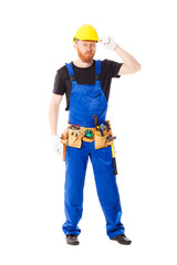 Man builder with set of construction tools, isolated