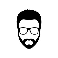Hipster man. Hairstyle, beard and glasses  in flat style. Black Fashion silhouette hipster icon isolated on white background. Vector Illustration