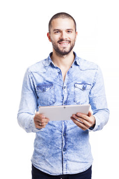 Casual man holding his digital tablet, isolated on white backgro