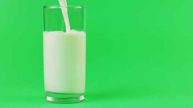 Milk poured into a glass on a green background