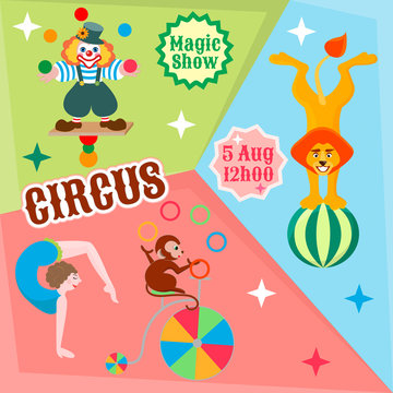 Actors circus juggling clown, lion on the ball, and the monkey g