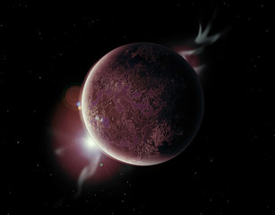 Roter planet im weltall mit aura und sternen