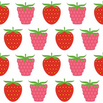 Seamless Pattern of Strawberry and raspberry , Fruit Pattern, Berry Pattern, Vector Illustration