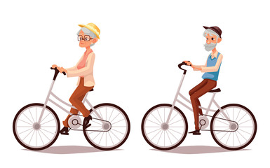 Fototapeta premium Mature couple riding bikes, cartoon illustration of two old people zhenschitsy men ride bicycles, old men and women involved in sports, old and the old ride bikes, isolated couple old people